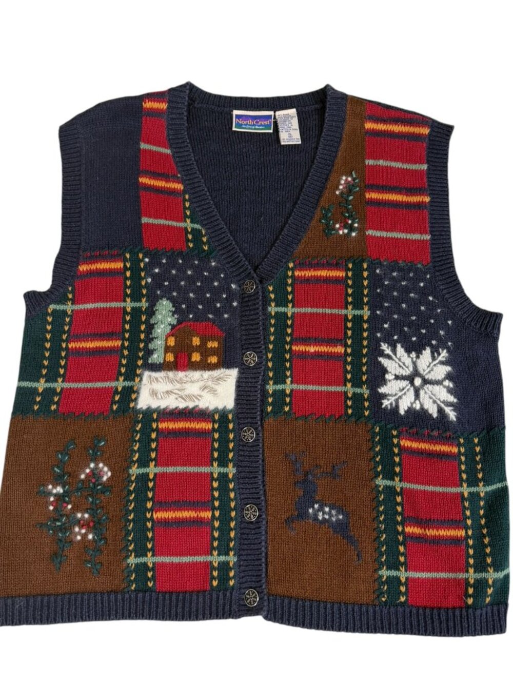Vintage 90s North Crest XL Christmas Sweater Vest Patchwork Cabin Reindeer
